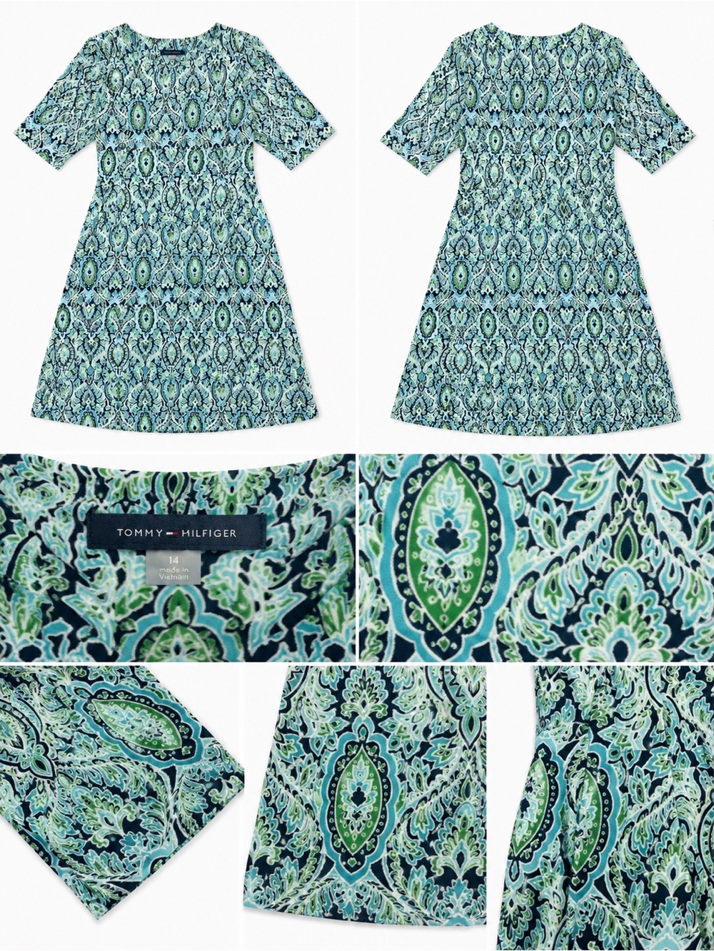 Tommy Hilfiger Paisley A-Line Dress Blue Green Women’s Size 14